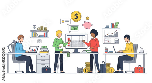 Diverse team collaborates on financial growth in modern office.