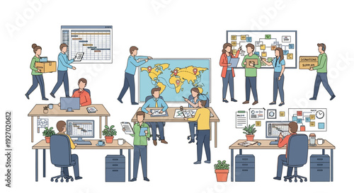 Diverse team collaborating in a modern office environment.