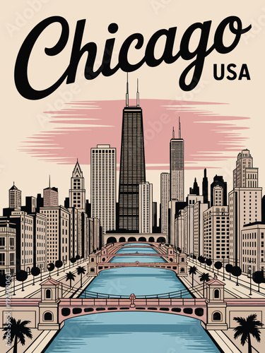Chicago Travel Poster, Monochrome Skyline Artwork Featuring Classic Script Lettering Retro City Illustration Style