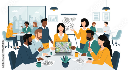 Diverse group of professionals collaborating in a modern office meeting.