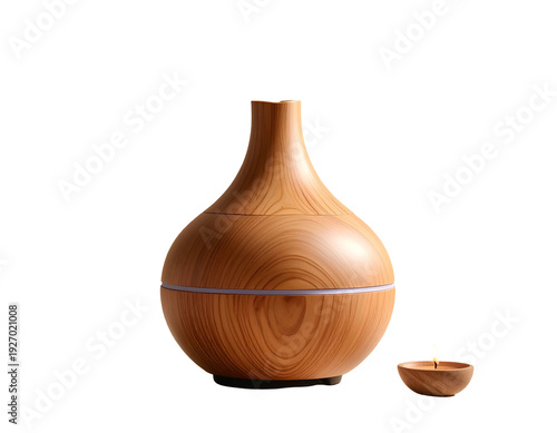 Wood-grained diffuser and lit candle on black