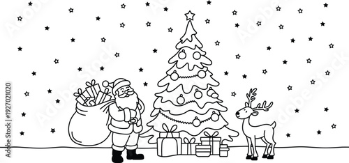 Cute Christmas coloring page with Santa Claus reindeer tree gifts winter night vector line art illustration