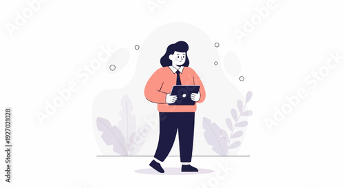 A person in a coral sweater and dark pants holds a tablet computer, surrounded by abstract shapes and leaves