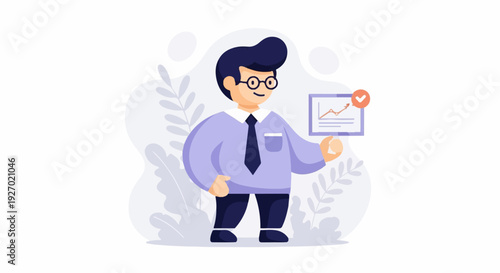 Cheerful man in glasses presents an upward trend graph with a checkmark