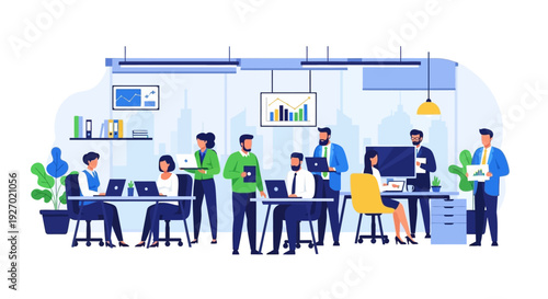 Diverse team collaborating in a modern office environment.