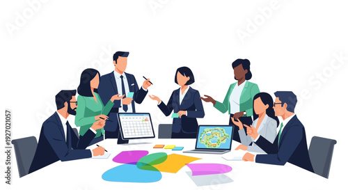 Diverse group of professionals collaborating in a modern office meeting.