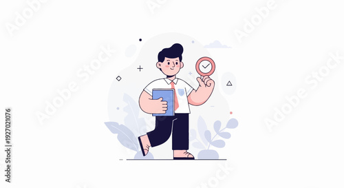 Cheerful man with book and checkmark, walking confidently