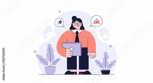 Flat cartoon woman with glasses and plants holds a tablet