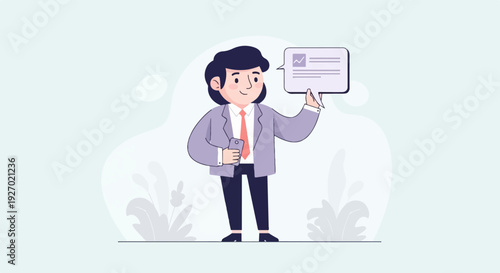 A person in formal attire holds a phone and a speech bubble with chart