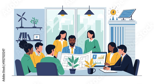 Diverse team collaborates on green energy project in modern office.