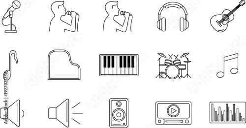 Music and Audio Line Icons Set with Microphone, Headphones, Guitar, Piano and Speaker Symbols