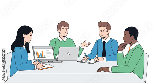 Diverse business team collaborating in a modern office meeting.