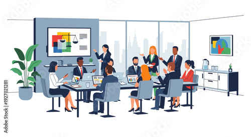 Diverse group of professionals collaborating in a modern office meeting.