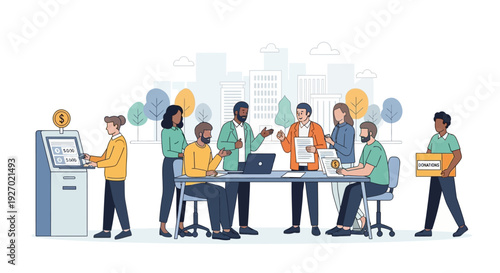 Diverse group of people collaborating in a modern office setting.