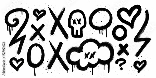 Black and white graffiti doodles featuring skulls hearts and abstract shapes