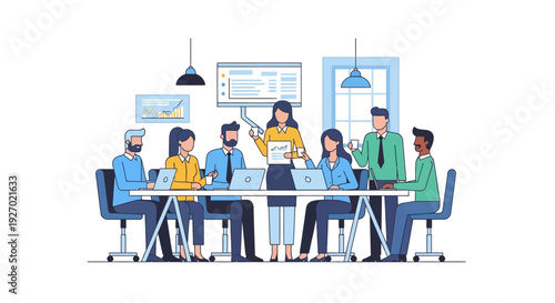 Diverse team collaborating in a modern office meeting.