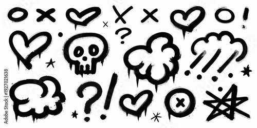 Collection of hand drawn black doodle symbols and playful shapes