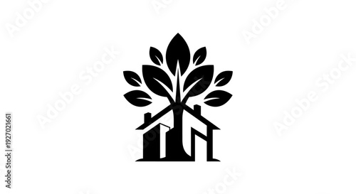 Eco friendly house logo concept: tree growing from roof, sustainable living