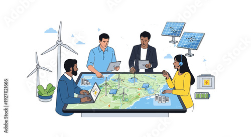 Diverse team collaborates on renewable energy strategy using interactive map.