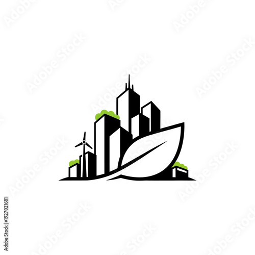 Eco-friendly Cityscape with Green Buildings, Leaf, and Wind Turbine