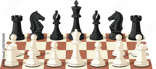 Chess Game Strategy Concept with Black and White Pieces on Chessboard Vector Illustration