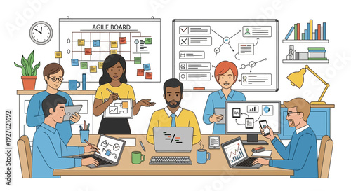 Diverse team collaborating in a modern office meeting.