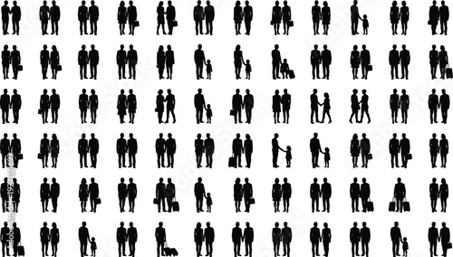 Business people silhouettes collection with men women couples and parents with children, black professional human figures isolated on white
