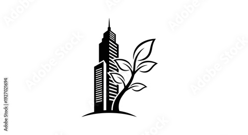 Eco-friendly skyscraper with growing plant, green business concept, vector logo