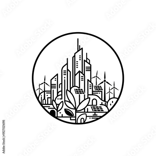 Eco-friendly city skyline with wind turbines and solar panels, sustainability concept