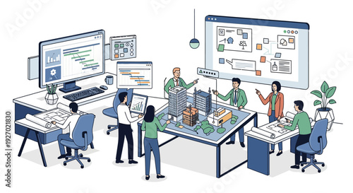 Diverse team collaborating on a project in a modern office setting.