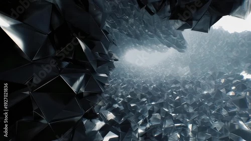 Dark Metallic Pyramids Falling in Foggy Environment.