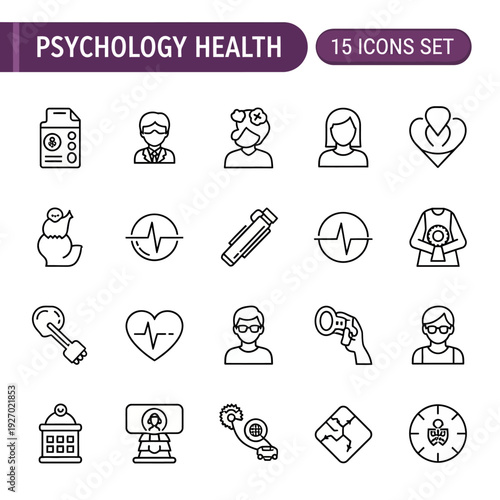 Psychology Health Icons Set Illustrating Mental Wellbeing and Healthcare Professionals in Simple Line Art Style