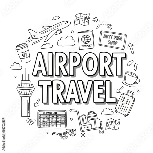 Airport Travel Scene with Plane, Suitcase, and Coffee Cup Illustrations