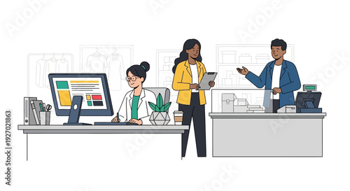 Diverse team collaborating in modern office environment.