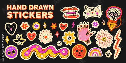 Colorful hand drawn stickers featuring hearts flowers and quirky illustrated objects
