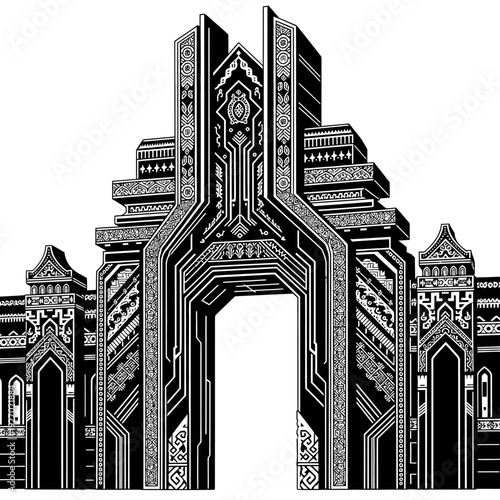 Fantasy Gate Entrance, Ornate Architecture, Black and White Illustration