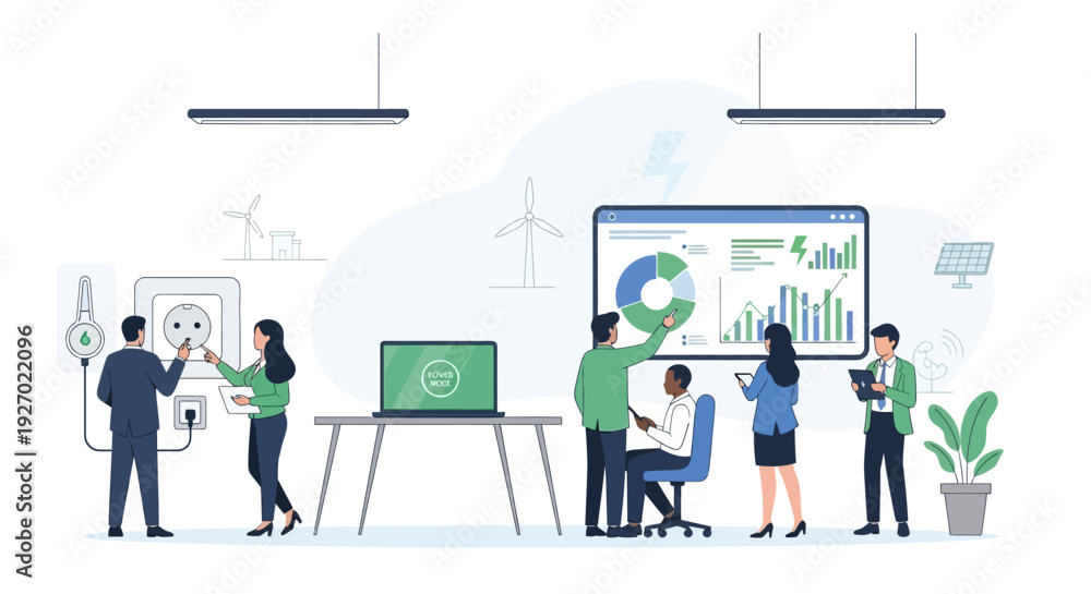 Fototapeta premium Diverse team collaborates on sustainable energy project in modern office.