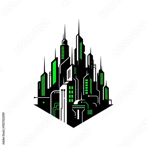 Futuristic Cityscape Illustration: Neon Green and Black Skyline