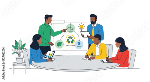 Diverse team collaborates on sustainability strategy presentation.
