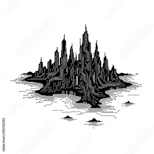 Futuristic Cityscape Circuit Board - Digital Technology Concept