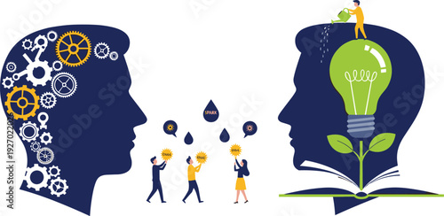 Knowledge Transfer and Creative Idea Concept with Human Head Silhouettes, Gears and Growing Lightbulb Vector
