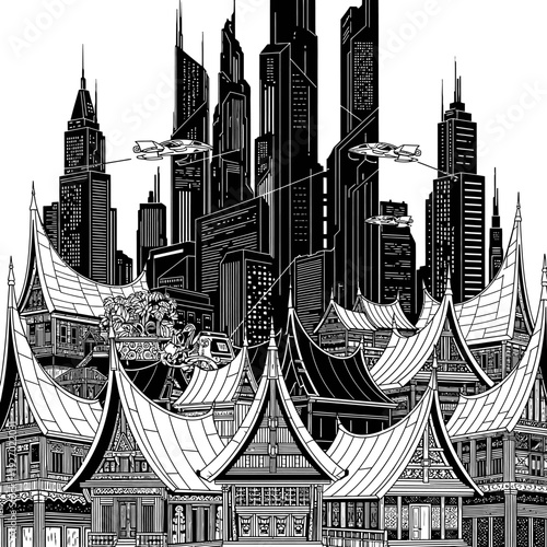 Futuristic Cityscape with Traditional Architecture and Drones