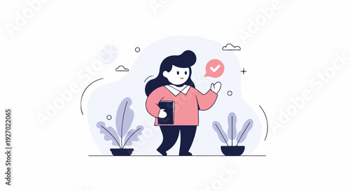 Cheerful person holds book, acknowledges checkmark, waves hello