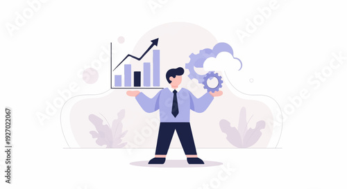 A man holds a gear and a chart showing growth and development
