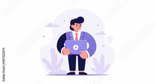 A formally dressed person holds a digital device with a play symbol