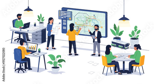 Diverse team collaborating in modern office environment.