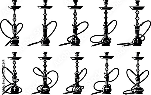 Collection of hookah shisha silhouette icons for oriental lounge bar, traditional Arabic smoking pipe, Middle Eastern culture, and tobacco relax design.