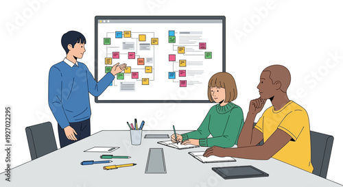 Diverse team collaborating on a project presentation.