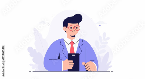 Wallpaper Mural A man in a suit and tie with glasses holds a smartphone in front of abstract plants Torontodigital.ca