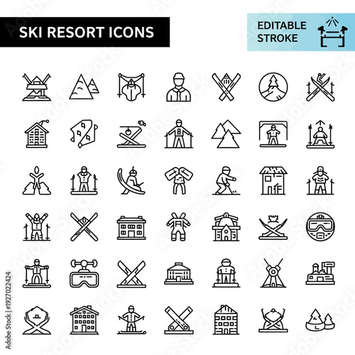 Collection of simple ski resort icons featuring various elements and activities in a monochrome style